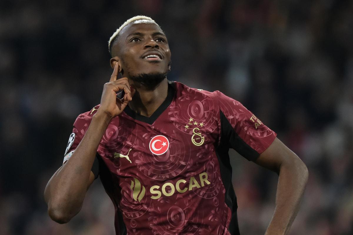 Galatasaray's Victor Osimhen reacts after scoring during the Champions League between Ajax and Galatasaray in Amsterdam, Netherlands, Wednesday, Nov. 5, 2025. (AP Photo/Patrick Post)