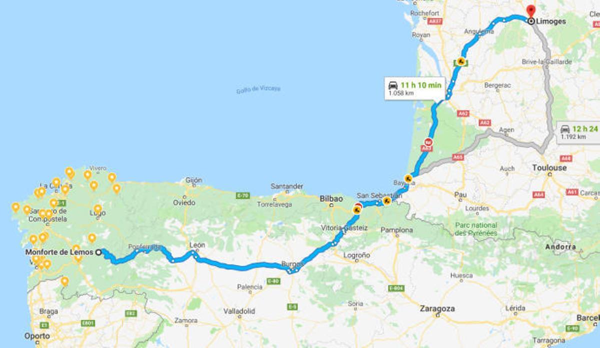 El recorrido entre Limoges y Monforte de Lemos.