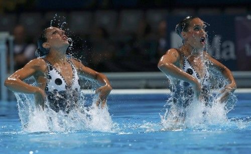 Spain's Ballestero and Jaume perform in the synchronised swimming duet technical routine final during the World Swimming Championships in Barcelona