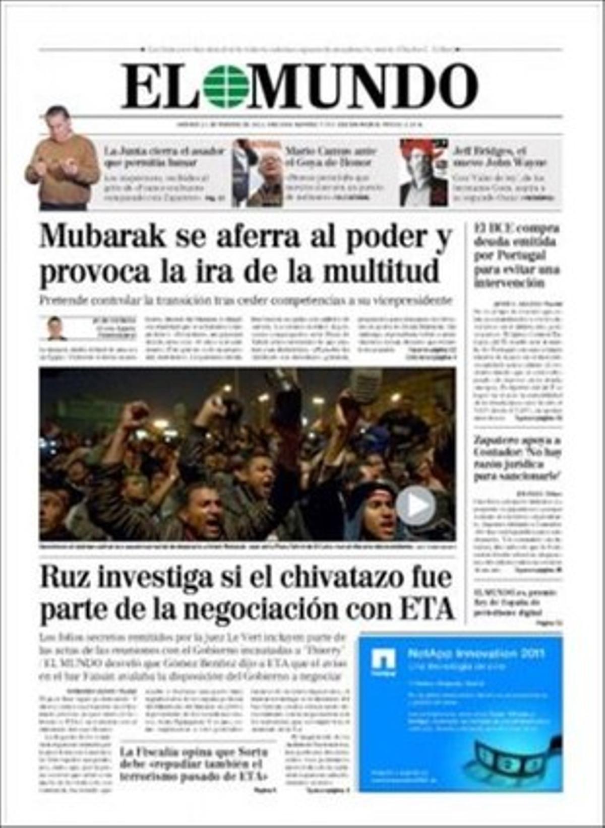’El Mundo’ també destaca que Múrcia pretén aprovar una llei per canviar el finançament autonòmic, que el Govern de la Generalitat aparca la idea de tancar l’aeroport del Prat de nit pels indigents, que Durao Barroso insta l’eurozona a reforçar el fons de rescat i que el BCE compra en massa deute de Portugal per evitar el rescat.