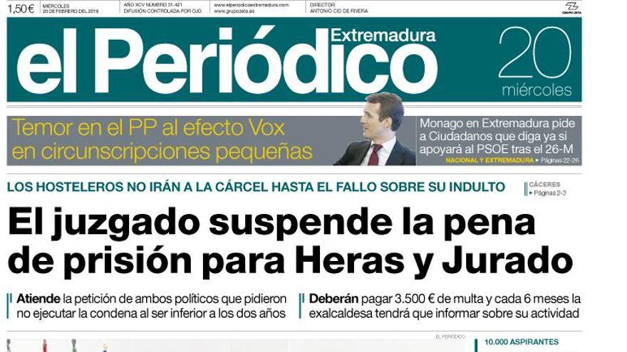 Esta es la portada de EL PERIÓDICO EXTREMADURA correspondiente al día 20 de febrero del 2019