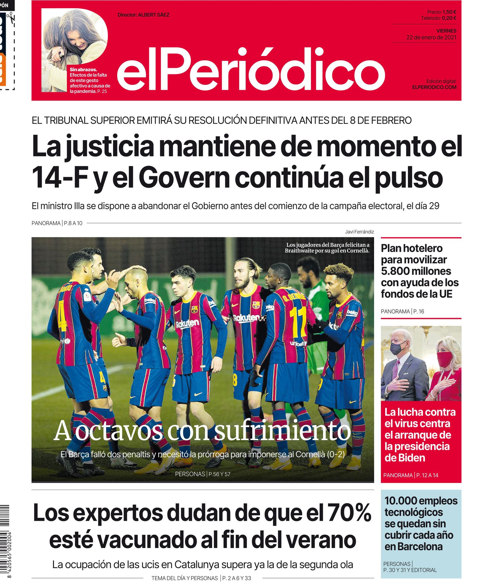 La portada de EL PERIÓDICO del 22 de enero de 2021