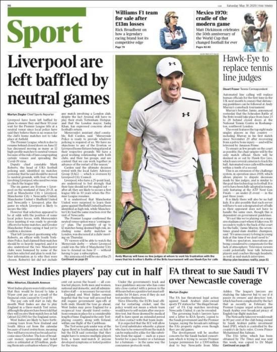 Portada THE TIMES SPORT sábado 30 mayo 2020