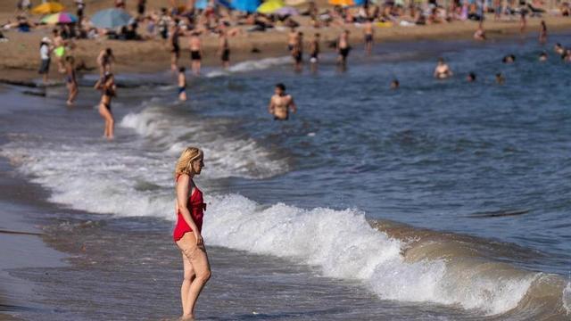 Turistes gaudeixen del bany en una platja de Barcelona.