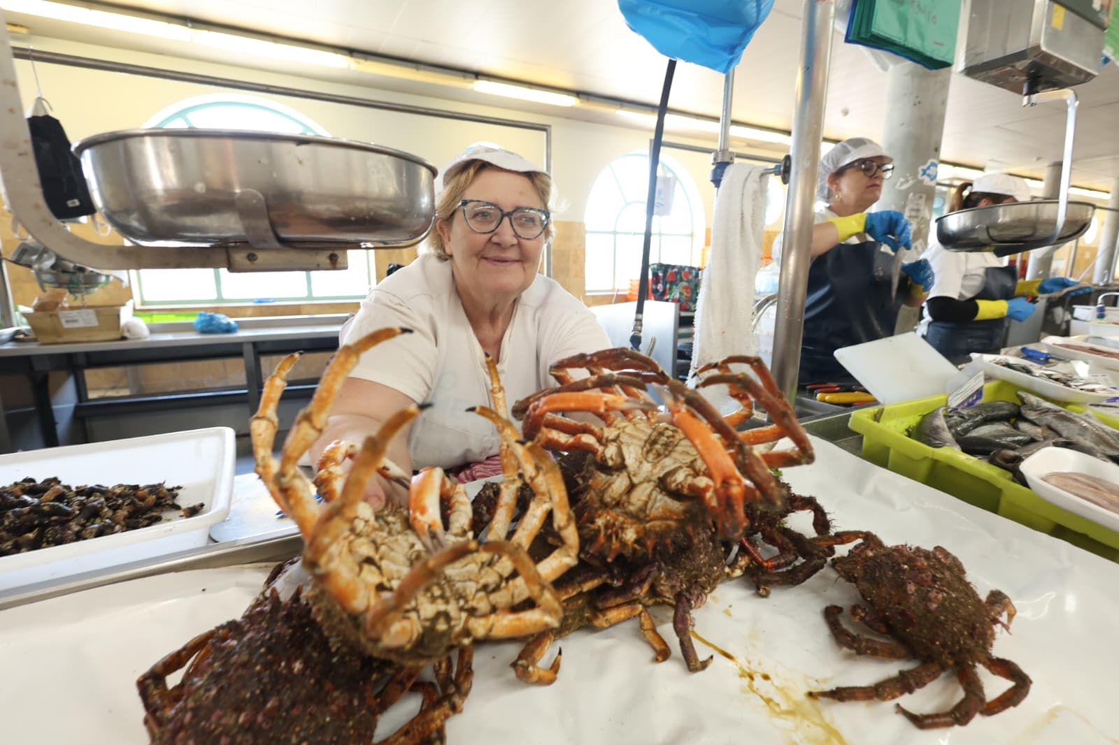 Centollos a la venta en la plaza de abastos de Pontevedra, esta mañana.