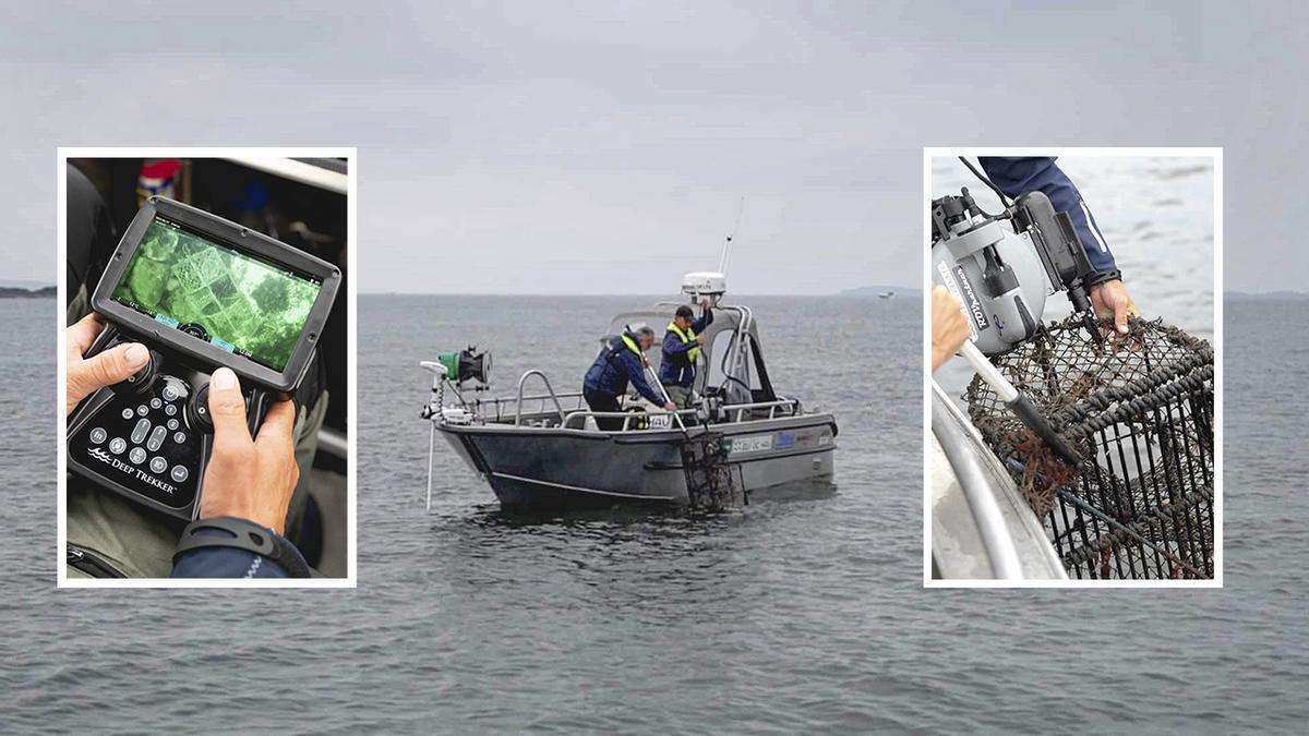 Personal de la fundación ambientalista Elv og Hav extrae uno de los aparejos de pesca que habitan en el fondo de la costa noruega. A los laterales, planos detalle del proceso de recogida de esta basura marina.