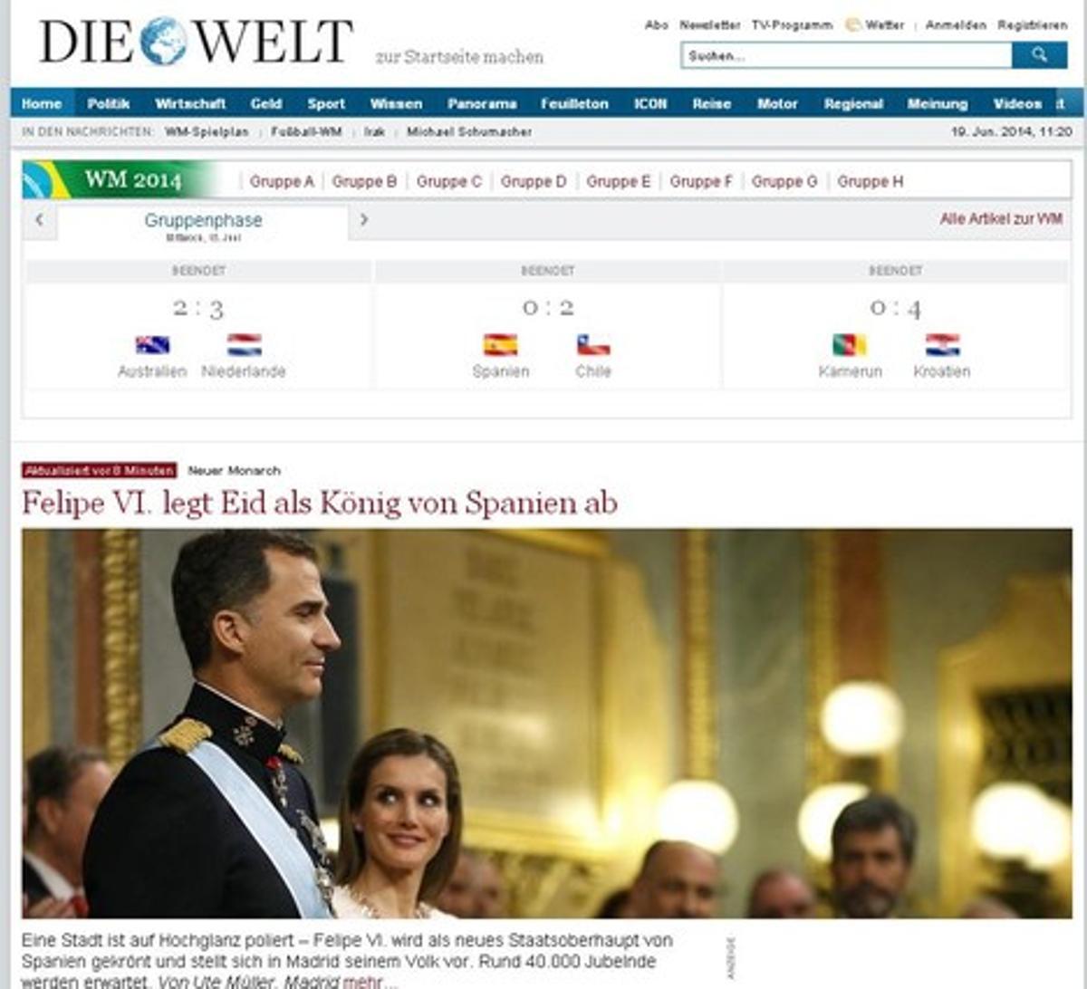 Capçalera {’Die} {Welt’} es fa ressò de la coronació de Felip VI.