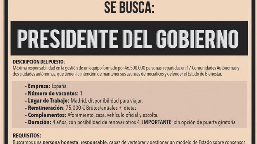 Reproducción parcial del anuncio divulgado por Anpier, con una supuesta oferta de trabajo para presidir el Gobierno español. // FdV