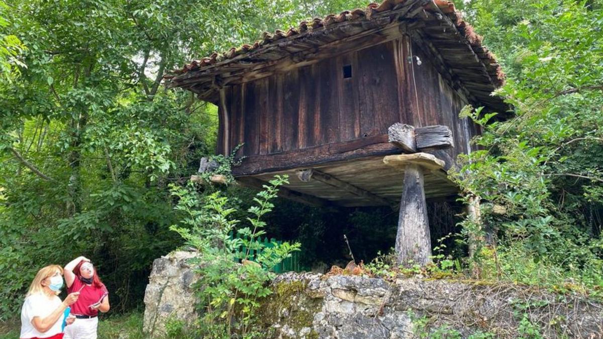 La alcaldesa, María Amor Álvarez, a la izquierda, visitando uno de los hórreos de Villar con la arquitecta municipal. | Reproducción de S. A.