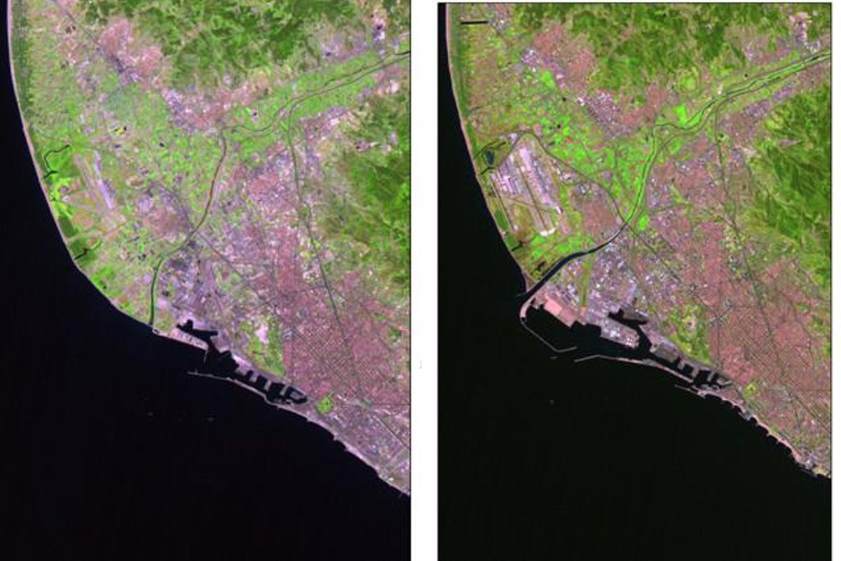 La desembocadura del Llobregat, al costat de la ciutat de Barcelona, el 1987 (esquerra) i el 2011.