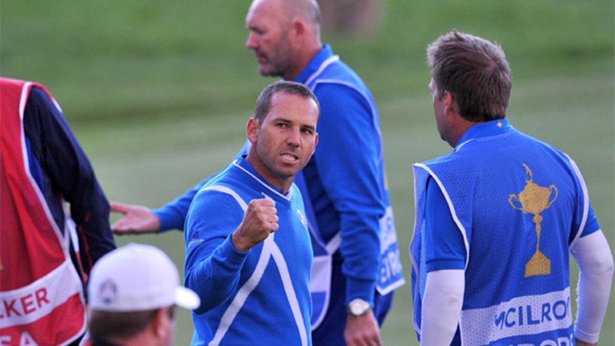 Sergio García celebra uno de los puntos del equipo de Europa en la primera jornada de la Ryder Cup