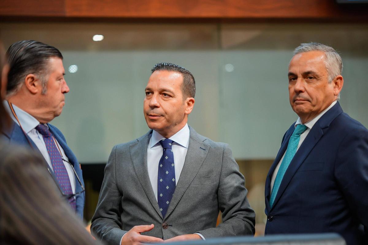 Los diputados de Vox Javier Bravo, Óscar Fernández y Ángel Pelayo Gordillo en el primer debate de investidura.