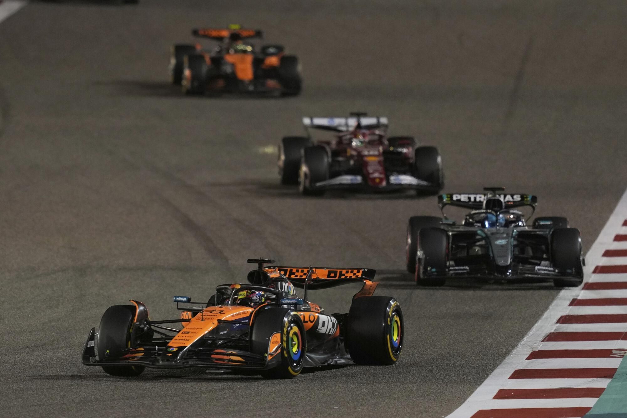McLaren driver Oscar Piastri of Australia in action during the the Formula One Bahrain Grand Prix, in Sakhir, Sunday, April 13, 2025. (AP Photo/Altaf Qadri)