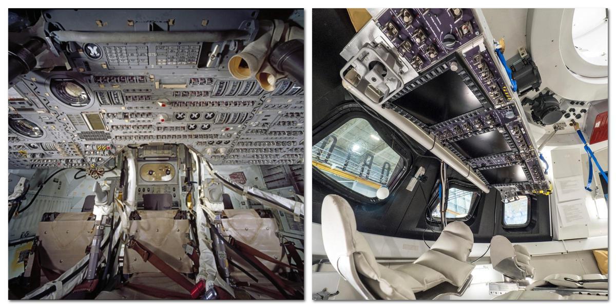 Interior de las cabinas: a la izquierda, el módulo de comando de Apolo 11, que llevó al hombre a la Luna en 1969; a la derecha, la nave Orión, diseñada para futuras misiones del programa Artemis