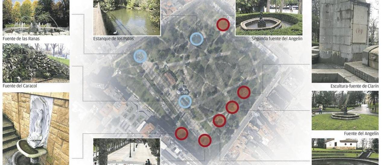 Seis de las nueve fuentes del Campo San Francisco, sin agua y muy deterioradas