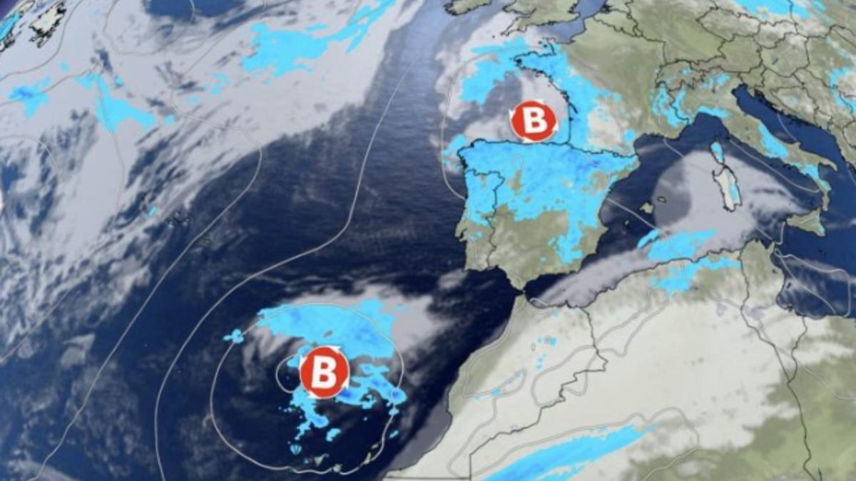 Situación de las dos borrascas que afectarán a España los próximos días.