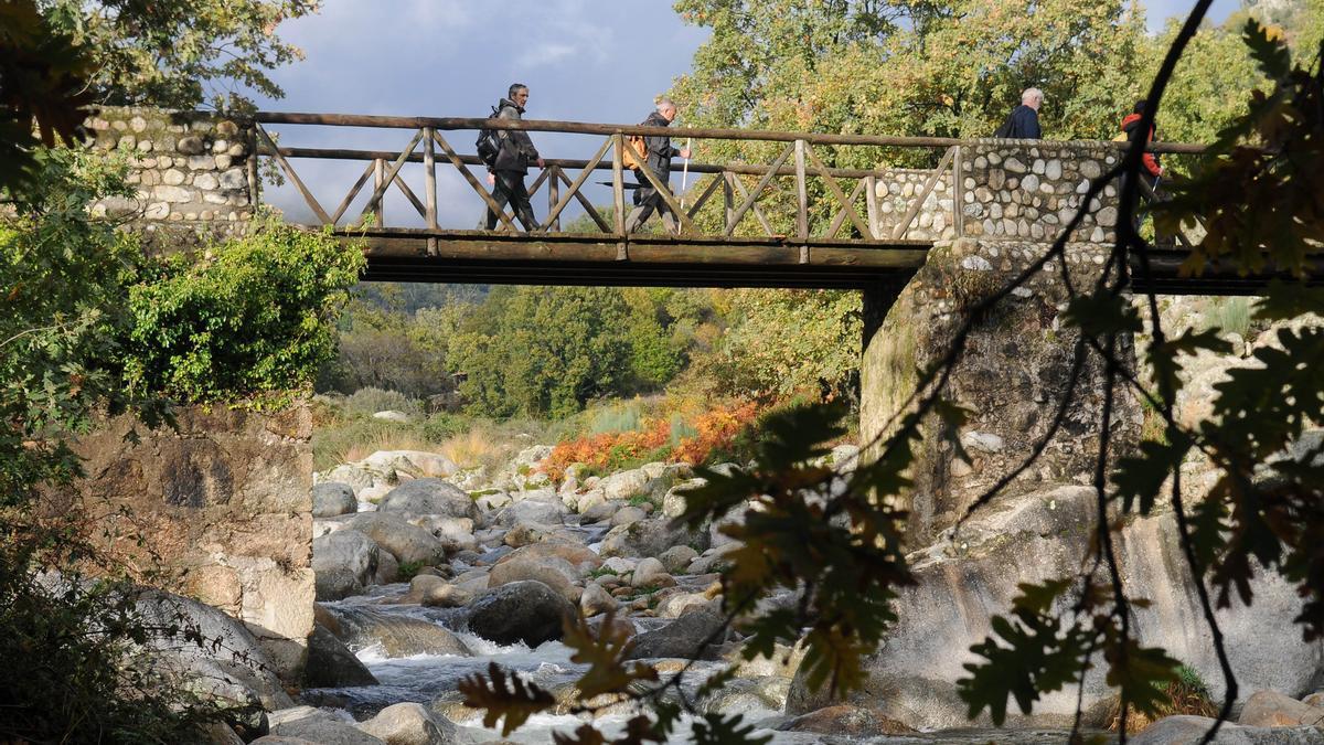 Senderistas pasan por un puente camino de Jarandilla de la Vera, siguiendo los pasos de Carlos V.