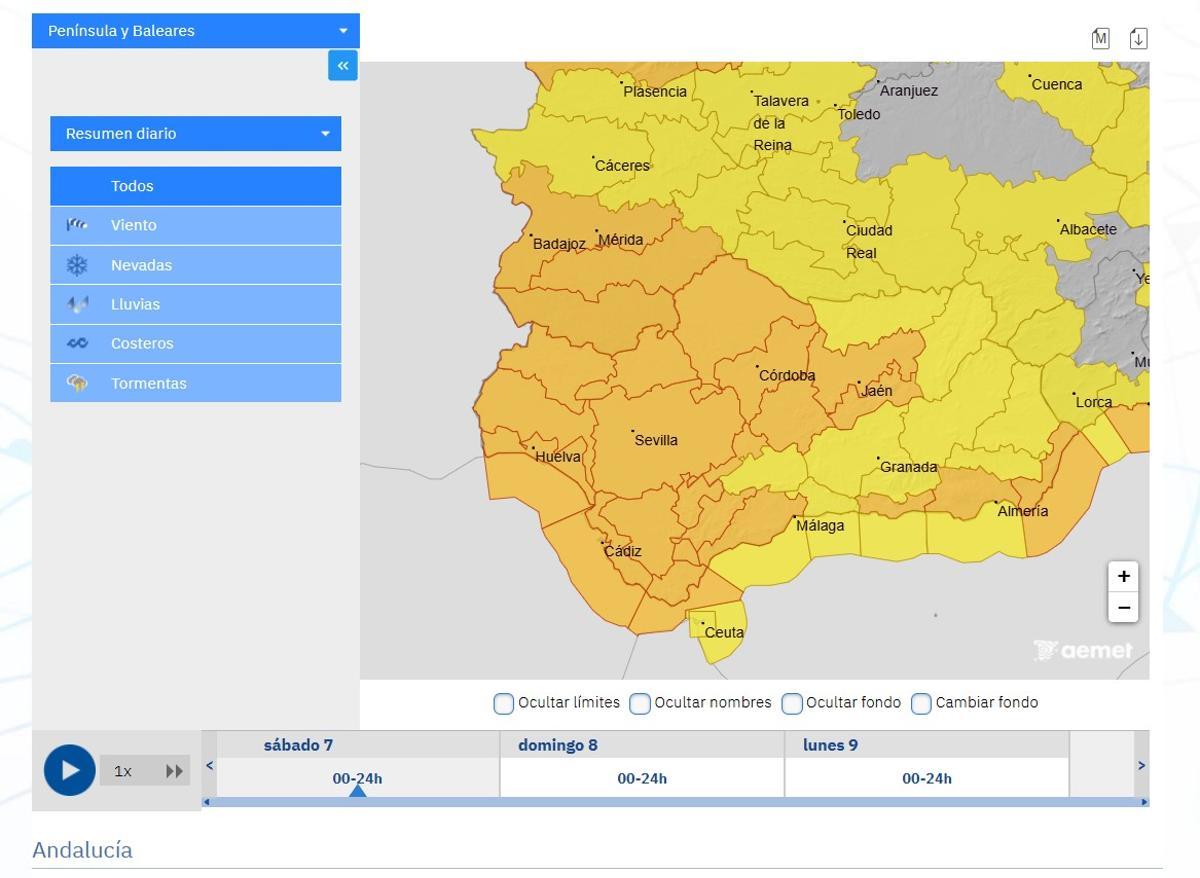 Mapa de avisos de la Aemet para hoy sábado, con toda la provincia de Córdoba en alerta naranja ante la llegada de la borrasca Marta.