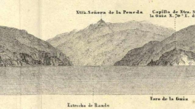 Litografía que representa el estrecho de Rande dentro del trabajo de Pedro Riudavets i Tudury.