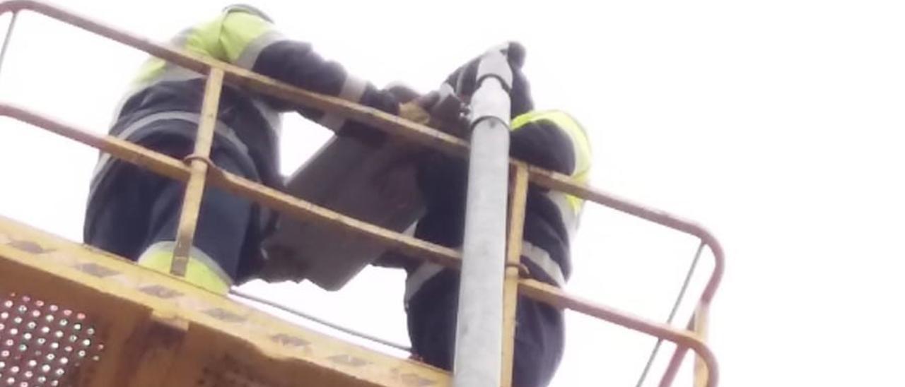 Operarios sustituyendo la luminaria de una farola en Benavente.