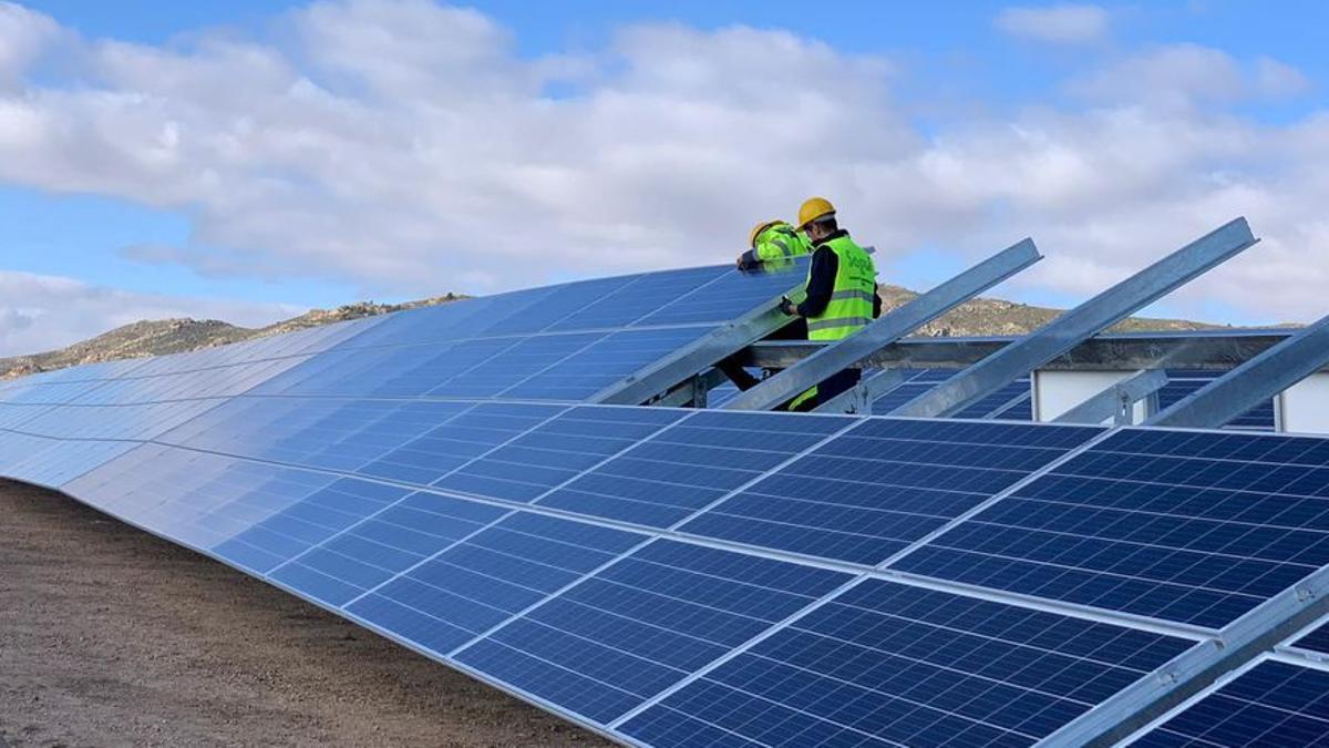 Un operario trabaja en la instalación de placas en una planta fotovoltaica.