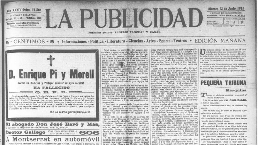 Ejemplar de &quot;La Publicidad&quot; del 13 de junio de 1911, donde aparecen las declaraciones de Valle-Inclán.