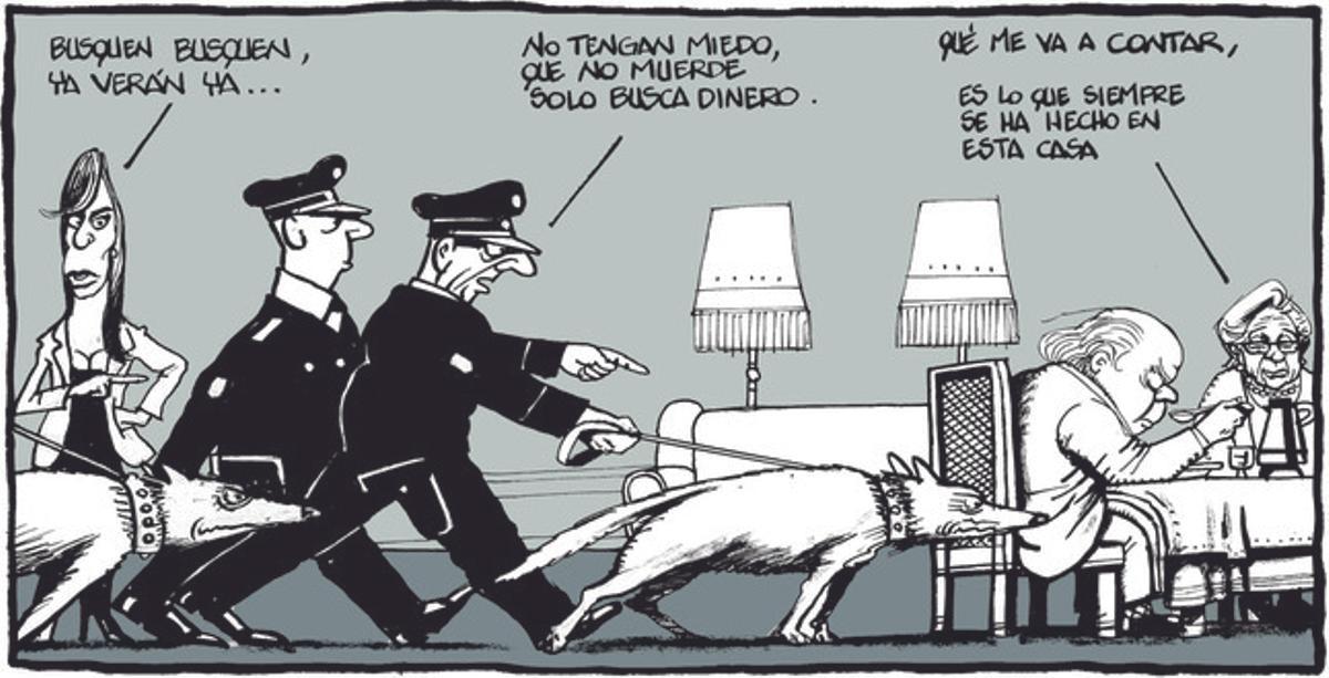 2 de noviembre del 2014. Chiste de Ferreres en el que la policía rastrea con perros la casa de los Pujol en busca de dinero.