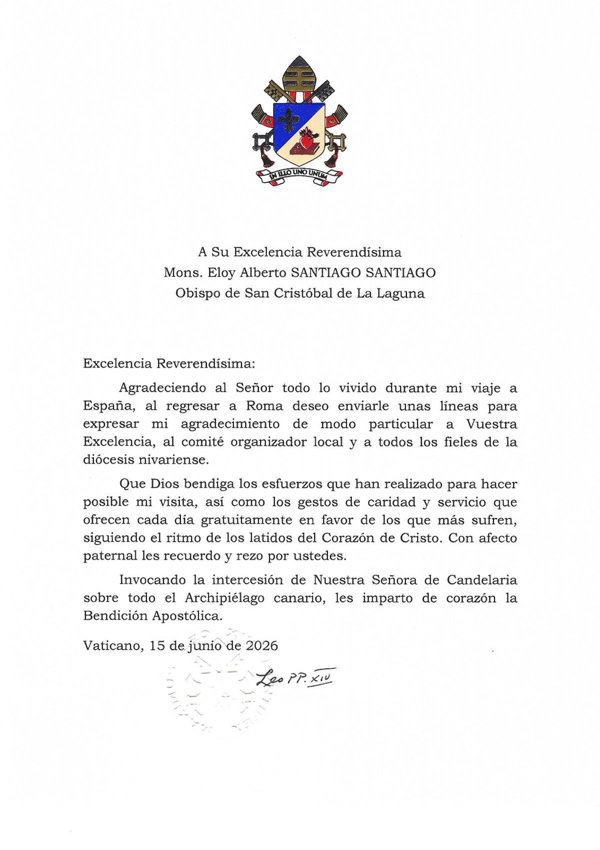 Pope Leo XIV Emphasises Charity and Service of the People of Tenerife in Thank You Letter Following Visit Pope Leo XIV Emphasises Charity and Service of the People of Tenerife in Thank You Letter Following Visit