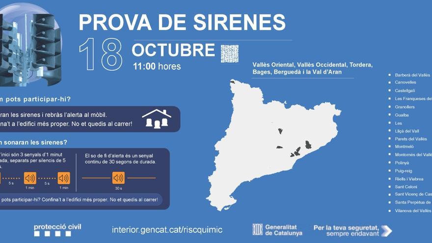 El 18 d’octubre Protecció Civil farà sonar les sirenes de risc químic del Bages, Vallès Occidental est, Vallès Oriental, Selva, Berguedà i Aran