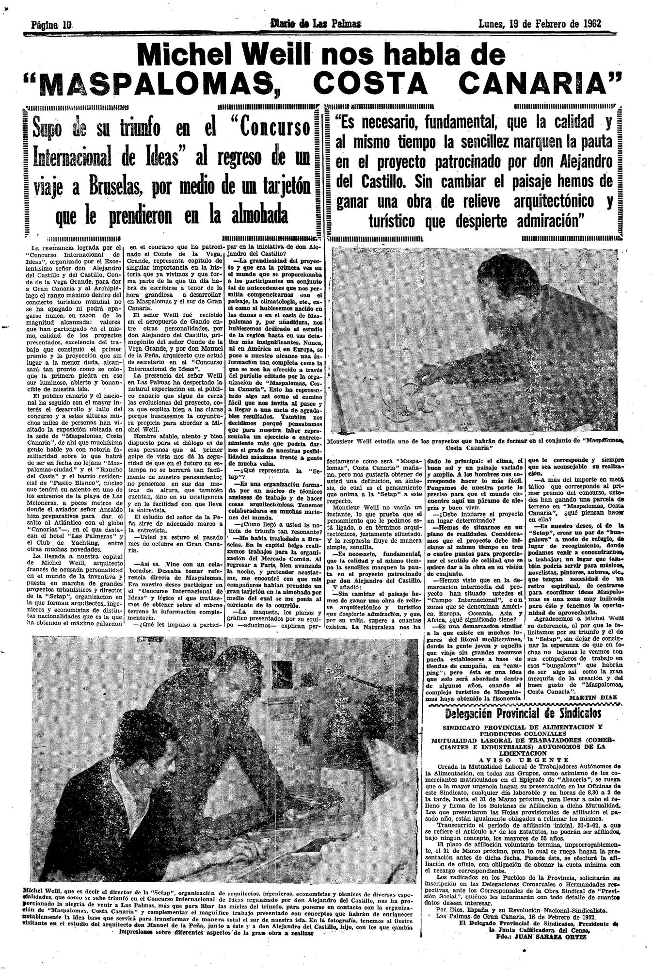 Página del Diario de Las Palmas del 19 de febrero de 1962 que informaba de la llegada de uno de los ganadores del primer premio.