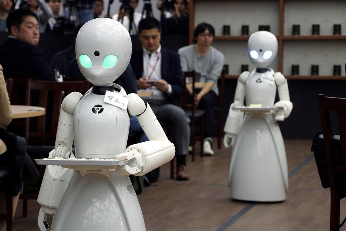 GRAF6496  TOKIO  26 11 2018 - Un cafe de Tokio ha lanzado un proyecto pionero para utilizar robots como camareros  manejados a distancia por una persona discapacitada  En la imagen se ven las maquinas atendiendo a los clientes  Se llama OriHime-D  pesa 20 kilos y desde hoy atiende como camarero en un cafe de Tokio  Se trata de un robot blanco de 1 20 metros de alto que funciona gracias a los movimientos que le ordena a distancia una persona discapacitada  En el cafe del barrio tokiota de Akasaka funcionan desde hoy tres robots con ese nombre  Se mueven entre las mesas con precision e interactuan con el cliente  el cual empatiza rapidamente  Cada consumicion cuesta mil yenes  7 8 euros 8 8 dolares  - EFE Nora Olive