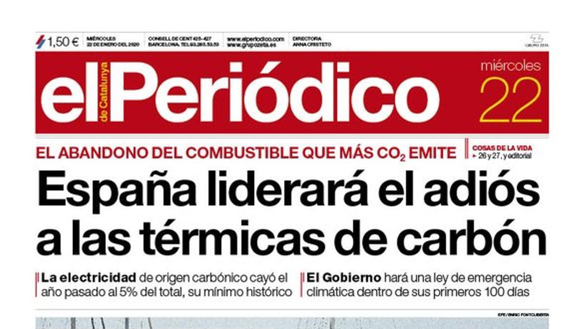 La portada de EL PERIÓDICO del 22 de enero del 2020