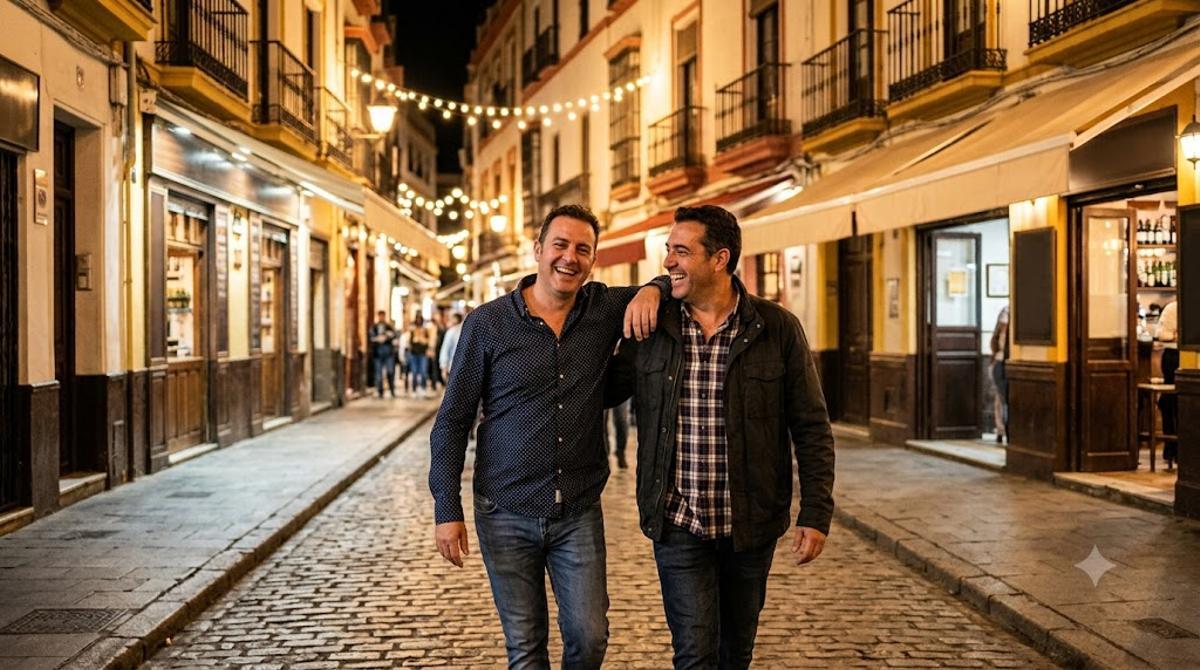 Dos amigos que van "piripis" por una calle.