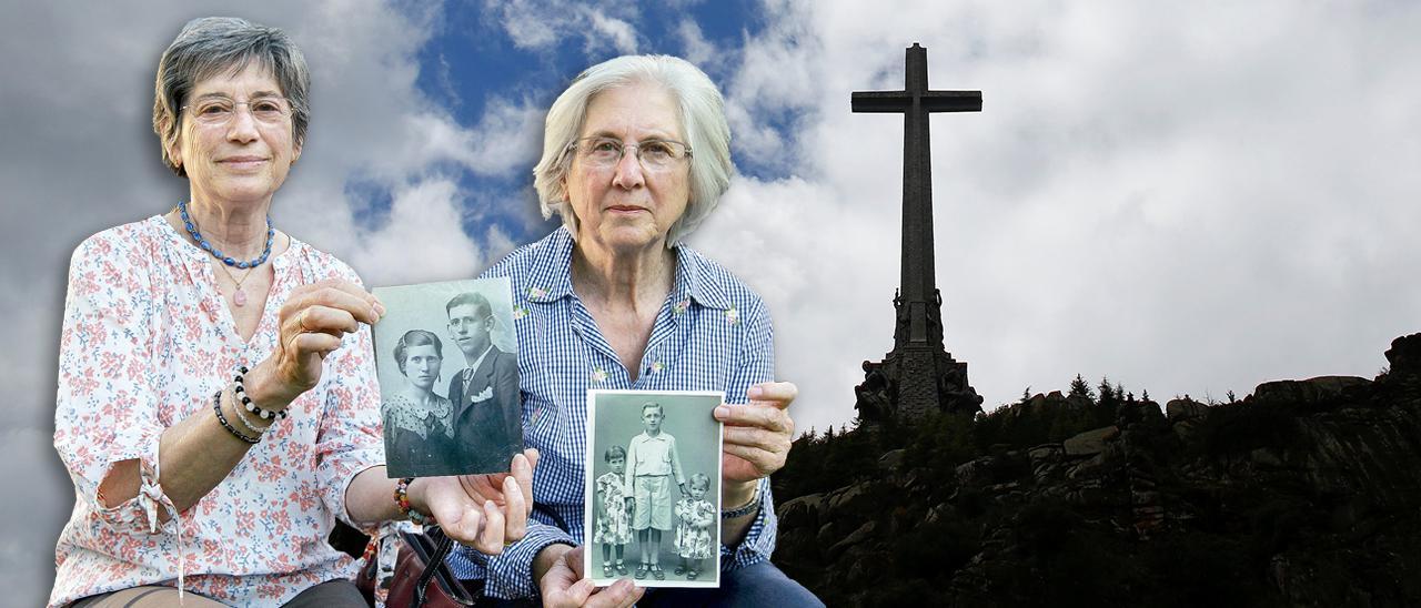 Las hermanas Carmen, nacida en el Destacamento de Cuelgamuros en 1948, y Pilar Barros Barco muestran un retrato familiar de sus padres y otro de niñas junto a su hermano, que vivió con sus progenitores en el actual Valle de los Caídos entre 1947 y 1950.