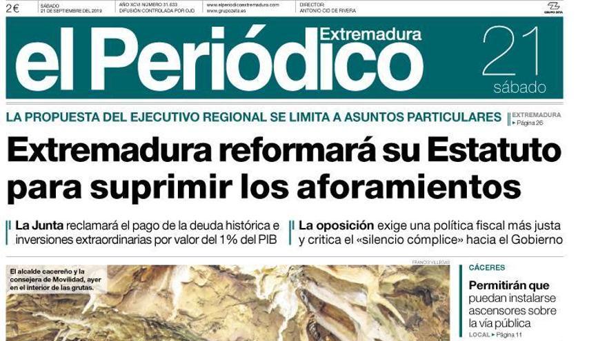 Esta es la portada de EL PERIÓDICO EXTREMADURA correspondiente al día 21 de septiembre del 2019