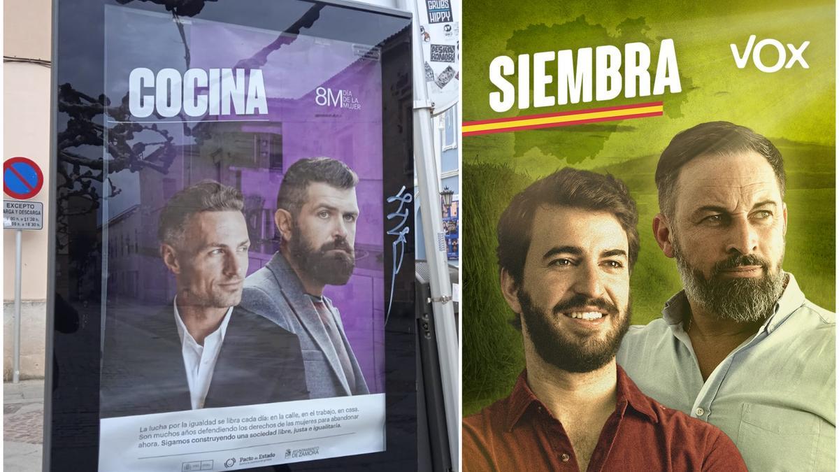 Carteles de la campaña feminista del Ayuntamiento de Zamora por el 8M 2022 que recuerdan a los empleados por Vox en la campaña electoral de Castilla y León.