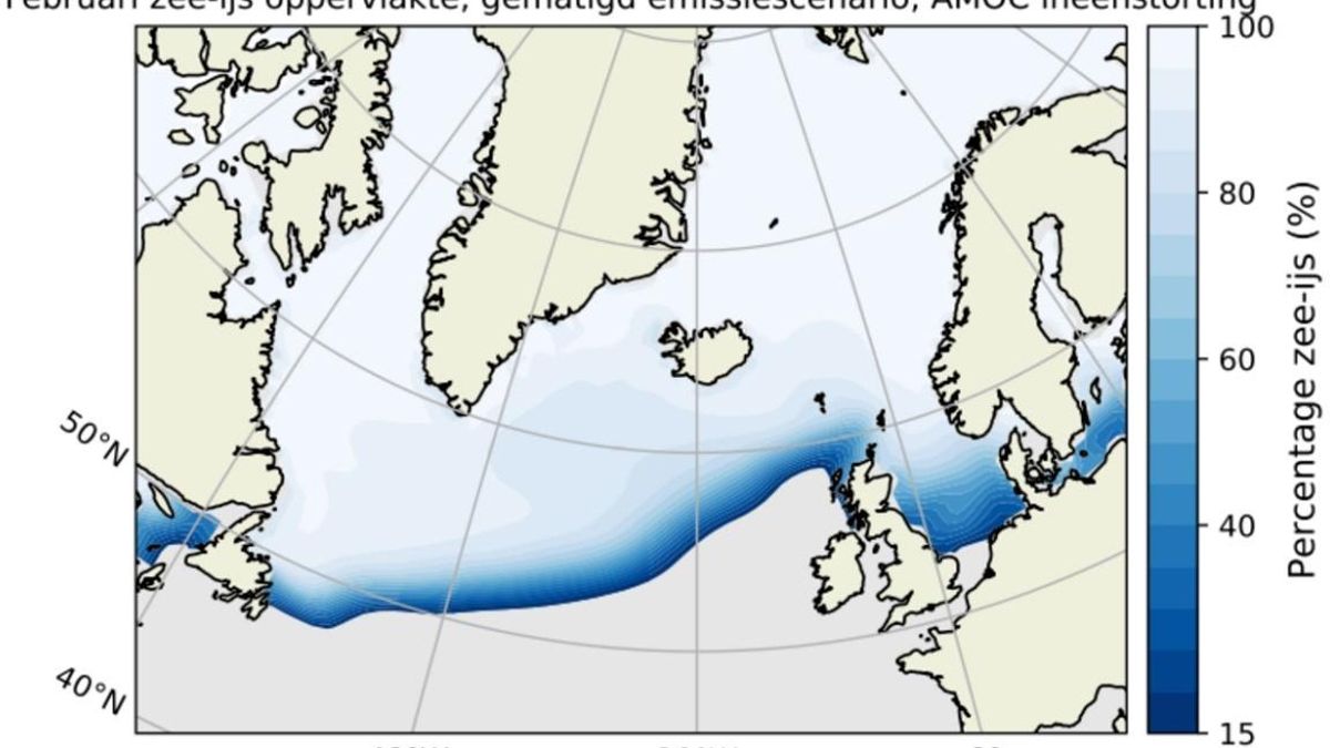 En un escenario de emisiones moderadas y un cierre de la AMOC, el hielo marino podría extenderse mucho más al sur en invierno.