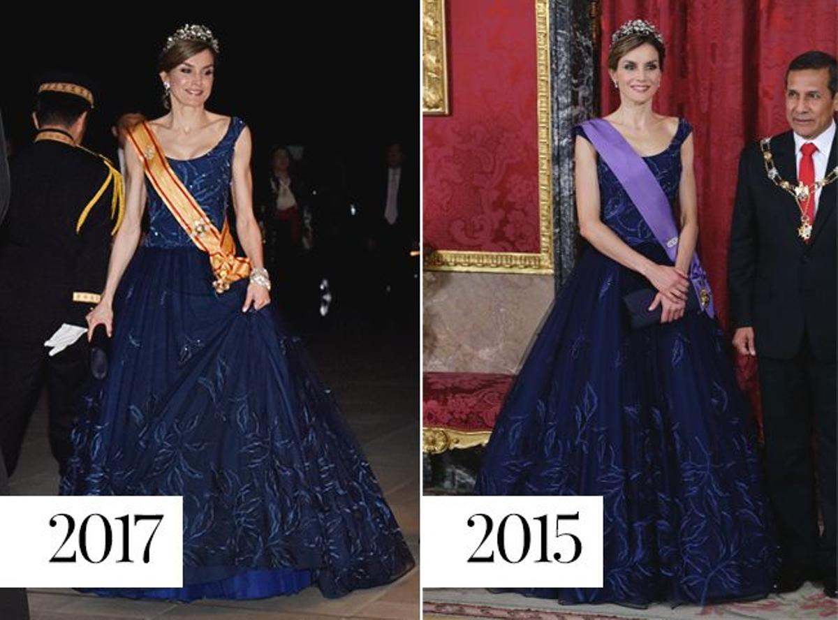 Letizia Ortiz con vestido de Felipe Varela en 2015 y 2017