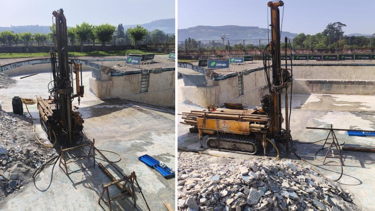 Maquinaria este miércoles en la Laboral ante el inicio de las catas en la piscina.