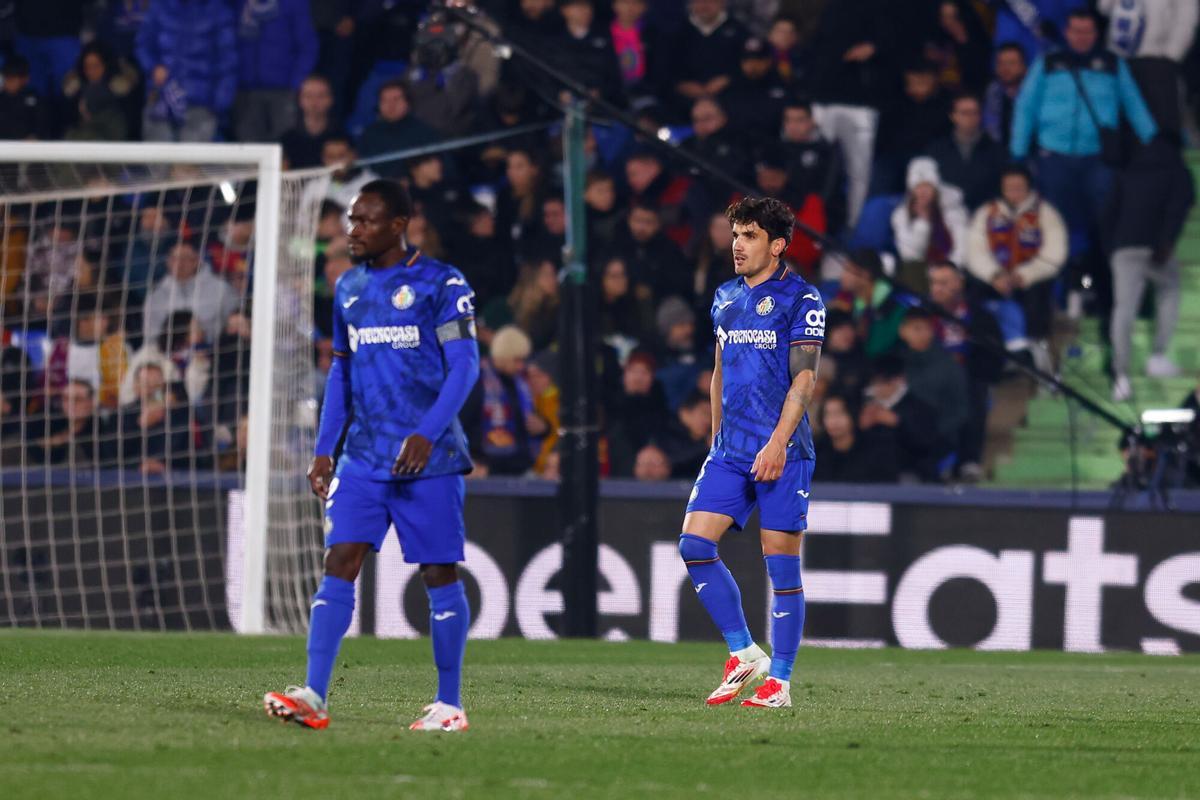 Mauro Arambarri of Getafe CF celebrates a goal during the Spanish League, LaLiga EA Sports, football match played between Getafe CF and FC Barcelona at Coliseum de Getafe stadium on January 18, 2025, in Madrid, Spain. AFP7 18/01/2025 ONLY FOR USE IN SPAIN. Dennis Agyeman / AFP7 / Europa Press;2025;SPAIN;SPORT;ZSPORT;SOCCER;ZSOCCER;Getafe CF v FC Barcelona - LaLiga EA Sports;