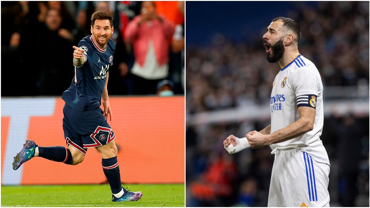 Leo Messi y Karim Benzema celebran un gol con el PSG y el Real Madrid