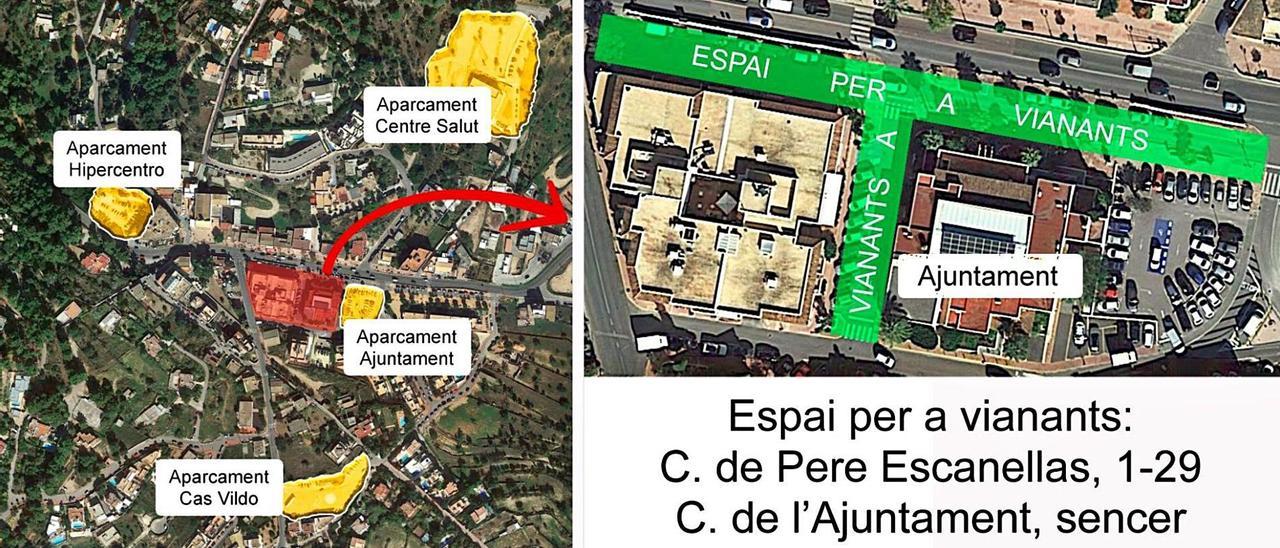 Mapa remitido por el Ayuntamiento con las calles que cierran en el centro del pueblo y los aparcamientos cercanos.