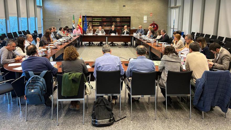 Representantes de la Junta y de los sindicatos CSIF, CCOO y UGT, reunidos esta mañana en la Mesa General de Negociación, en Mérida.