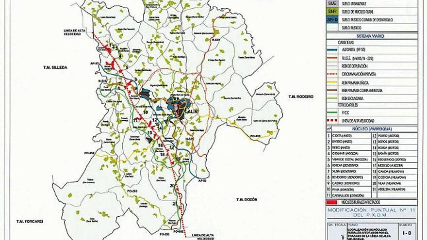 El plano muestra, en color rojo, las 21 aldeas afectadas por la línea ferroviaria de alta velocidad en el municipio.