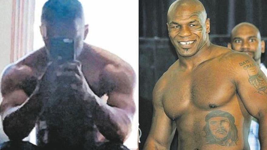 Arriba, Jamie Foxx exhibe su nueva y musculosa figura para ser Mike Tyson (derecha) en la película.