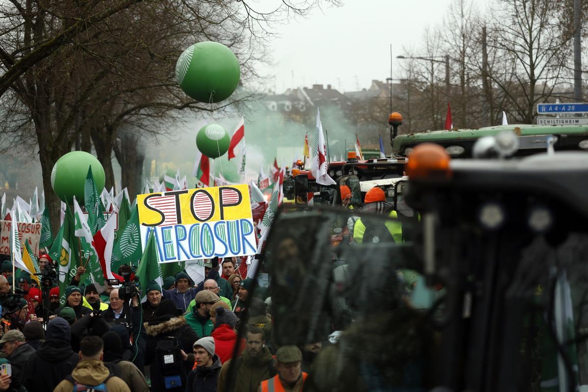 Protesta de agricultores contra el Mercosur en las inmediaciones de la sede del Parlamento Europeo en Estrasburgo.