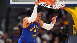 FILE - Denver Nuggets guard Russell Westbrook reacts after dunking the ball for a basket during the second half of Game 1 of an NBA first-round playoff series against the Los Angeles Clippers, Saturday, April 19, 2025, in Denver. (AP Photo/David Zalubowski, File). FILE PHOTO