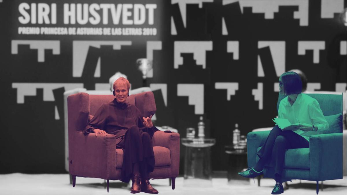 Inés Martín Rodrigo junto a Siri Hustvedt en el teatro Jovellanos.