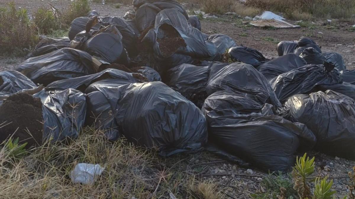 Bolsas de basura en el frente que hay frente a Terra Natura, en Espinardo.