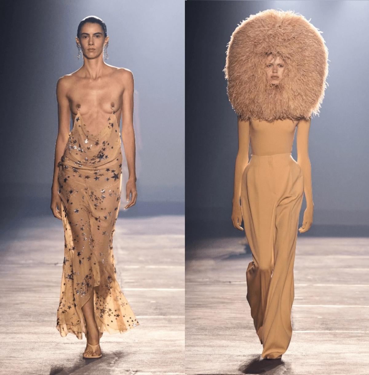 Dos de los diseños que Thierry Mugler presentó la semana pasada en la Paris Fashion Week.